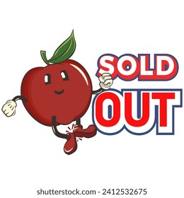 vector illustration of a cute red apple character mascot dancing with his feet tapping in front of the words sold out