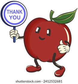 vector illustration of a cute red apple character mascot carrying a sign saying thank you