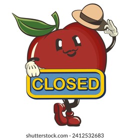 vector illustration of a cute red apple character mascot carrying a sign that says closed