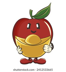 vector illustration of cute red apple character mascot carrying ancient chinese gold money