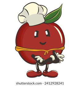 vector illustration of a cute red apple character mascot wearing a chef's hat and wearing a red scarf, work of handmade