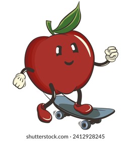 vector illustration of cute red apple character mascot playing skateboarding, work of handmade