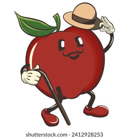 vector illustration of cute red apple character mascot carrying a stick and saluting with raised hat, work of handmade