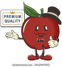 vector illustration of a cute red apple character mascot in a hat and bow tie showing a sign saying premium quality with a thumbs up, work of handmade