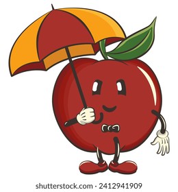 vector illustration of cute red apple character mascot with umbrella, work of handmade