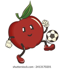 vector illustration of cute red apple character mascot playing football or soccer, work of handmade