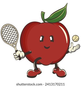 vector illustration of cute red apple character mascot practicing tennis with a tennis racket and ball, work of handmade

