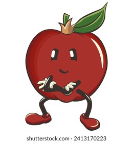 vector illustration of a cute red apple character mascot with a king's crown folding his arms calmly, work of handmade