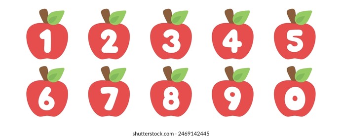 Vector illustration of cute red apple numbers for kids, from zero to nine.