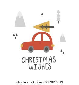 vector illustration, cute red car with pine tree and christmas wishes text, scandinavian style christmas greeting card