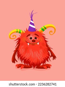 Vector illustration with cute red cartoon Monster.