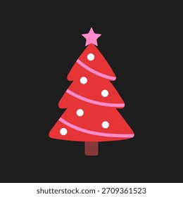 Ilustración vectorial de lindo árbol de Navidad rojo con adornos blancos, guirnalda rosa y una estrella rosa en la parte superior, aislado sobre fondo negro. Icono de vacaciones festivas modernas en estilo plano.