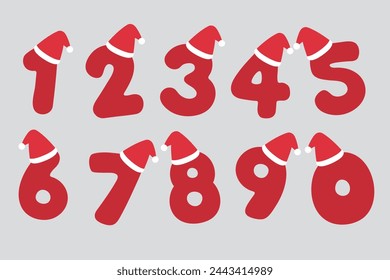 Vector illustration of cute red Christmas-themed numbers with Santa Claus hats for kids, from zero to nine.