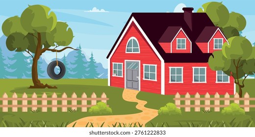Vector illustration of a cute red country house. Cartoon scene with cozy house, roof, chimney, windows, doors, trees, tire swing, fence, path, grass, bushes, silhouettes of mountains, Christmas trees.