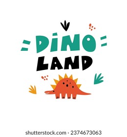 Vector illustration with cute red dinosaur and dino land lettering. Modern design with smiling character.