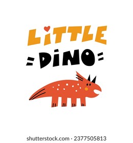 Ilustración vectorial con lindos dinosaurios rojos y pequeñas letras de dino. Diseño moderno con carácter sonriente.