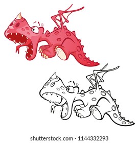 Vector Illustration of a Cute Red Dragon. Cartoon Character. Outline Draving