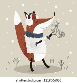 Vector illustration of cute red fox wearing fluffy sweater and headphones standing in the forest with christmas tree. Graphic drawing animal poster for kids room. Wallpaper, postcard or greeting card