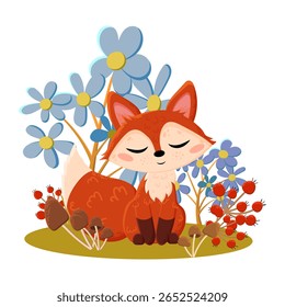 Vector illustration of a cute red fox sitting on the ground surrounded by large blue flowers, autumn leaves, mushrooms, and rosehip berries. Hand drawn flat style. Perfect for autumn kids design, post