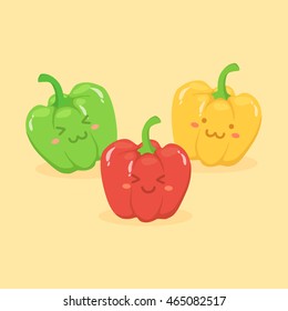 Vector illustration of cute red green yellow bell pepper vegetable mascot on yellow background.