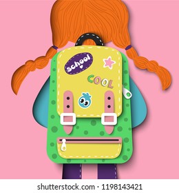 Vector illustration of cute red hair girl going to school. Paper cut cartoon kid carries cool backpack with patches, modern origami style design. Creative paper art, education concept