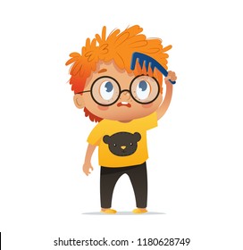 Vector Illustration Of Cute Red Head Kid Boy Combs His Tousle Hair Ruffle Comb. Morning Hygiene For Kids. Isolated