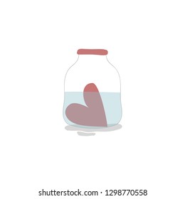 Vector illustration with cute red heart in the jar with water on white background. Romantic and funny hand drawn illustration perfect for cards, poster, scrapbooking or banners. Vector. Eps10