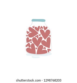 Vector illustration with cute red hearts  in the jar on white background. Romantic hand drawn illustration perfect for cards, poster, scrapbooking or banners. Vector. Eps10