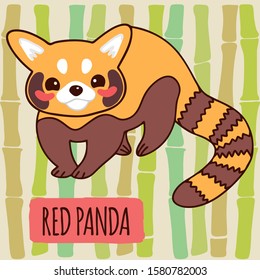 Vector illustration with a cute red panda on a colorful bamboo background.