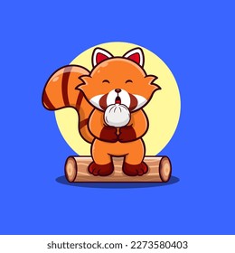 Vector illustration of a cute red panda eating dumplings.