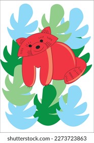 Vector illustration of a cute red panda. Red panda among the leaves. Red, colorful leaves in the background. Baby, clothes, leaves, animal, teddy bear, cute. Children's motif.