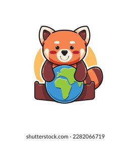 vector illustration of a cute red panda character hugging the earth for earth day, red panda mascot animal logo, cartoon animal