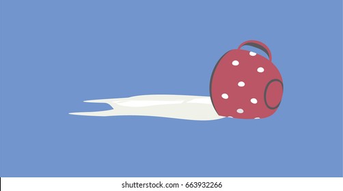 Vector illustration of a cute red or pink cup or mug that fell down and spilled the milk or white drink or water over the blue surface 