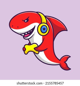 Vector Illustration of Cute Red Shark as a Gamer Wearing Headphone in Cartoon Hand Drawn Flat Style