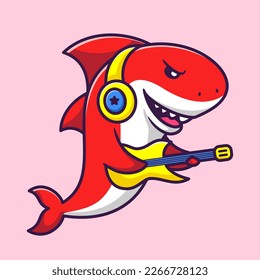 Vector Illustration of Cute Red Shark as a Rock Star holding Guitar and  Wearing Headphone in Cartoon Hand Drawn Flat Style.