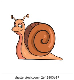 Vector illustration of cute red snail with a brown shell. The snail has big, expressive eyes and a smiling face. Its body is bright red. 55
