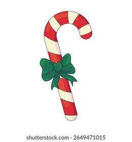 Vector illustration of a cute red and white striped Christmas candy cane with green bow. Perfect for holiday cards, winter decor, festive packaging, seasonal invitations, party designs