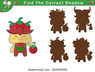 ilustración vectorial de una linda mascota Redberry. Encuentra la sombra correcta, juego educativo para los niños. conjunto de una linda mascota de frutas. caricatura de chibi. juegos adecuados para niños de kindergarten, preescolar, etc.