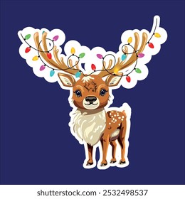 A vector illustration of a cute reindeer with colorful Christmas lights wrapped around its antlers.