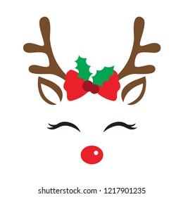 Vector illustration of a cute reindeer face with Christmas decoration.