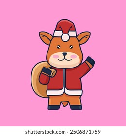 Vector Illustration of Cute Reindeer Wear Santa Costume.