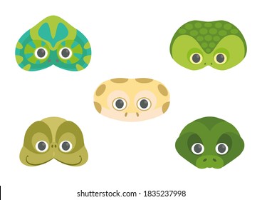 Vector illustration of cute Reptiles: Сhameleon, Snake, Gecko, Turtle and Crocodile. Аnimal icons or paper face masks.