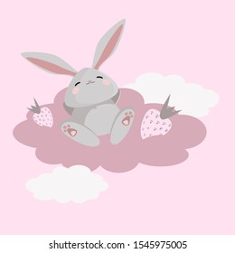Vector illustration of cute resting bunny on the pink cloud.