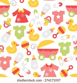 A vector illustration of a cute retro baby girl theme seamless pattern background.