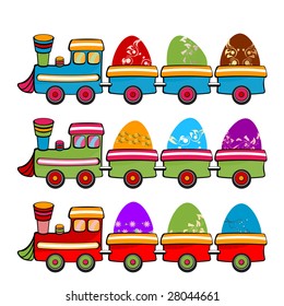 Vector illustration of cute retro color train with funny Easter Eggs