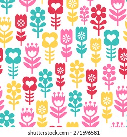 A vector illustration of cute retro inspired flowers seamless pattern background.