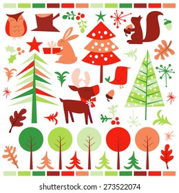 A vector illustration of a cute retro inspired festive forest holiday design elements.