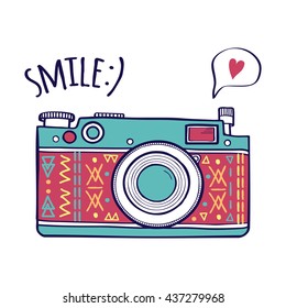 Vector illustration with cute retro photo camera, typography phrase "Smile" with speech bubble and heart. Modern design