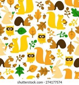 A Vector Illustration Of Cute And Retro Woodland Creatures Seamless Pattern Background.