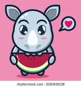 Vector Illustration Cute Rhino Eating Watermelon Stock Vector (Royalty